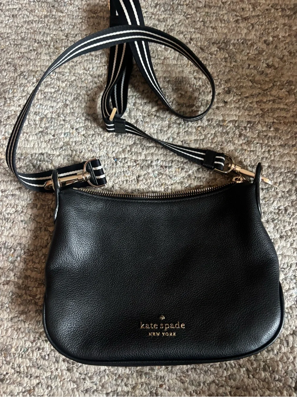 kate spade black leather crossbody with striped webbing strap